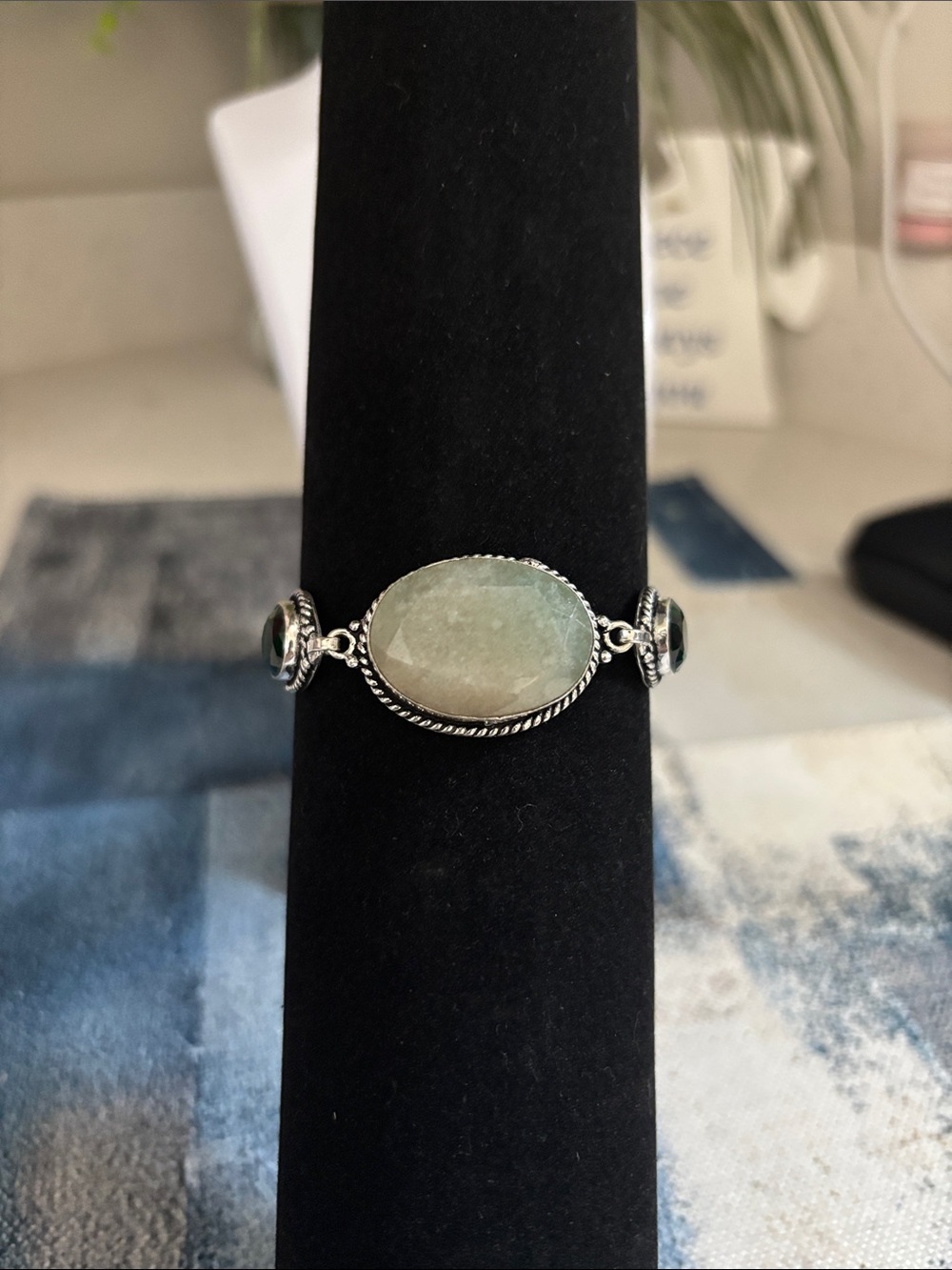 Sterling Silver Simulated Emerald Green Quartz Gemstone Bracelet